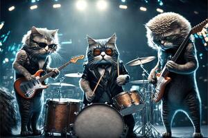 rock estrella gato banda jugando en etapa Ilustracion generativo ai foto