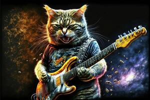 rock star cat front band guitarist playing guitar on stage llustration photo