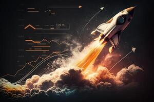 Rocket ship blasting off into space, with stock market - related symbols and data in the smoke trail behind it illustration photo