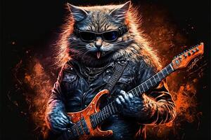 rock star cat front band guitarist playing guitar on stage llustration photo