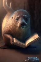 seal reading a book cartoon illustration photo