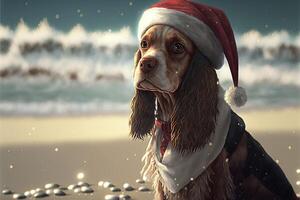 Papa Noel claus perro en el playa cocker spaniel ilustración generativo ai foto