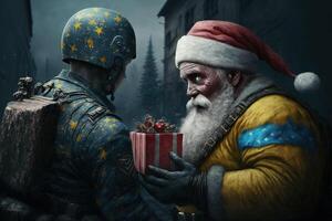 Papa Noel claus dando regalo a un Ucrania guerra soldado generativo ai foto