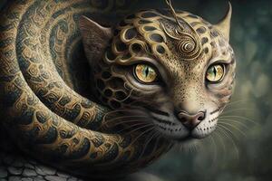 Amazonia gato con cuerpo de un serpiente serpiente ilustración generativo ai foto