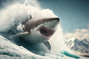 Shark snowboarding down the snowy mountains photo