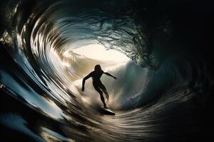 silhouette of surfer catching the wave with sun on the back illustration photo