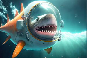 shark as astronaut spaceship in space illustration photo