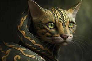 Amazonia gato con cuerpo de un serpiente serpiente ilustración generativo ai foto