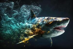 feroz genial blanco tiburón ataque con fumar submarino ilustración generativo ai foto