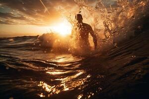 silhouette of surfer catching the wave with sun on the back illustration photo