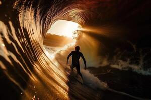 silhouette of surfer catching the wave with sun on the back illustration photo