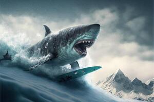 Shark snowboarding down the snowy mountains photo