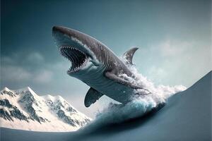 Shark snowboarding down the snowy mountains photo