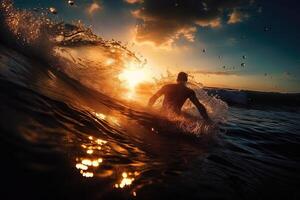 silhouette of surfer catching the wave with sun on the back illustration photo