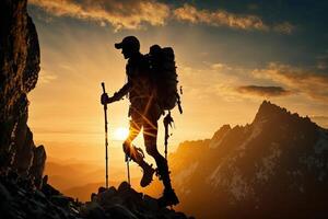 silhouette of prosthesist climber on a clif at sunset. Active people with disabilities. illustration photo