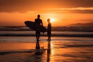 silhouette of father and son surfers a sunset illustration photo