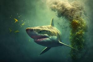 ferocious great white shark attack with smoke underwater illustration photo