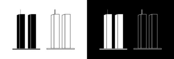 Two skyscrapers on a white and black background. Icon in black fill and stroke. vector