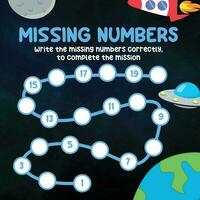 Missing numbers. Write the answer correctly. Educational printable math worksheet. Count and write activity. Counting practice. Vector file.