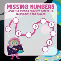 Missing numbers. Write the answer correctly. Educational printable math worksheet. Count and write activity. Counting practice. Vector file.