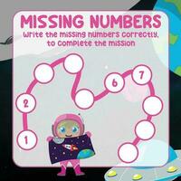 Missing numbers. Write the answer correctly. Educational printable math worksheet. Count and write activity. Counting practice. Vector file.