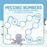 Missing numbers. Write the answer correctly. Educational printable math worksheet. Count and write activity. Counting practice. Vector file.