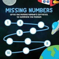 Missing numbers. Write the answer correctly. Educational printable math worksheet. Count and write activity. Counting practice. Vector file.