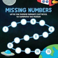 Missing numbers. Write the answer correctly. Educational printable math worksheet. Count and write activity. Counting practice. Vector file.