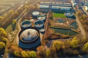 Aerial view of modern industrial sewage treatment plant at sunset illustration photo