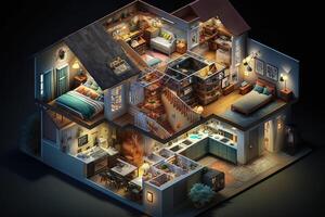 Smart home with all the latest gadgets and features, including voice - controlled lighting, temperature control, and security systems, top view illustration photo