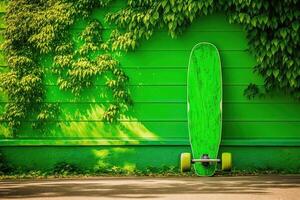 skateboard longboard standing on green wall illustration photo