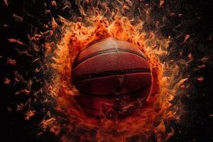 Slammed Basketball going through the basket, top view, , exploding on black background illustration photo