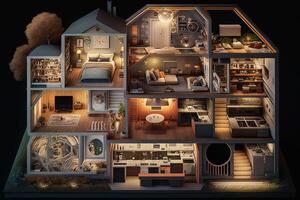 Smart home with all the latest gadgets and features, including voice - controlled lighting, temperature control, and security systems, top view illustration photo