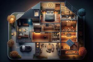 Smart home with all the latest gadgets and features, including voice - controlled lighting, temperature control, and security systems, top view illustration photo