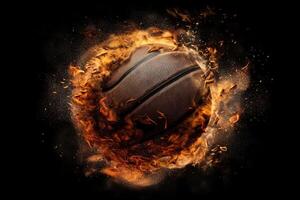 golpeado baloncesto yendo mediante el cesta, parte superior vista, , explotando en negro antecedentes ilustración generativo ai foto
