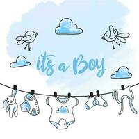 Gender party, baby birthday card with doodle style decorations, it is a boy vector