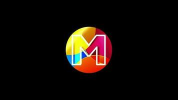 Line letter M on a colorful circle. Graphic alphabet video animation for business or company identity
