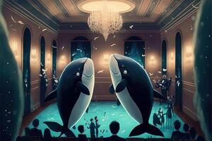 Whales in tuxedo dancing at the party illustration photo