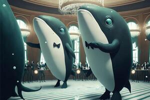 Whales in tuxedo dancing at the party illustration photo