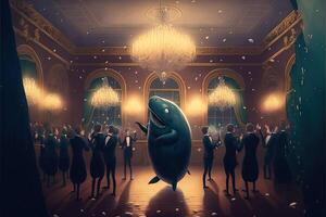 Whales in tuxedo dancing at the party illustration photo