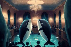 Whales in tuxedo dancing at the party illustration photo