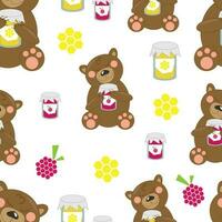 vector illustration seamless pattern brown cartoon teddy bear with treats jars of honey and raspberry jam on white background