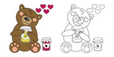 Vector illustration coloring book brown cartoon teddy bear with treats jars of honey and raspberry jam. An outline black and white drawing and a color version for an example