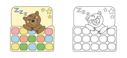 vector illustration coloring book brown baby bear sleeping under a patchwork quilt. An outline black and white drawing and a color version for an example