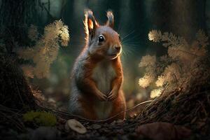 master squirrel in forest illustration photo