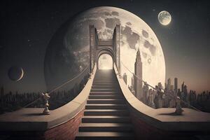 Stairway going to the moon from planet earth illustration photo