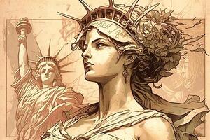 Alphonse Mucha statue of liberty style imaginary representation new york city if painted by artist illustration photo