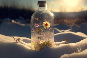 Spring is in a bottle outside snow and ice of winter illustration photo