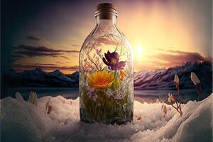 primavera es en un botella fuera de nieve y hielo de invierno ilustración generativo ai foto