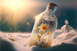 Spring is in a bottle outside snow and ice of winter illustration photo